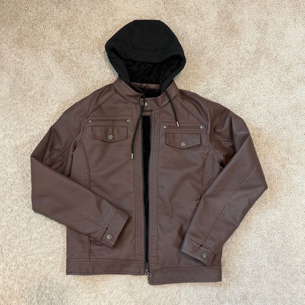 Distortion Men's Brown Faux Leather Hooded Moto Jacket Size Medium